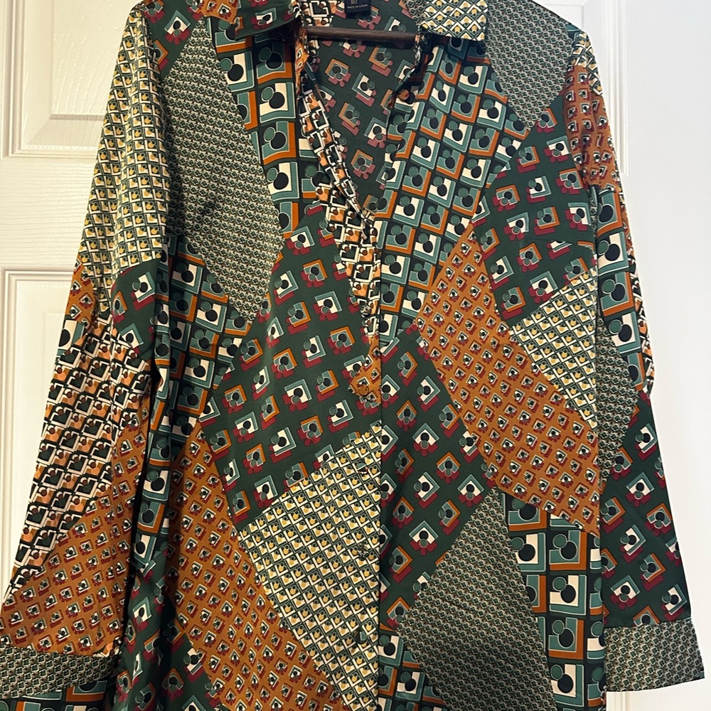 RACHEL Rachel Roy Geometric Patterned Blouse BOLD Green, & Brown